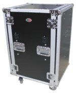 ProX 18U vertical shockproof rack case with side tables and casters, side profile view