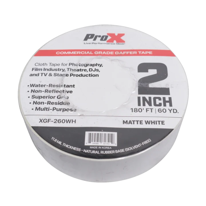 ProX 2 inch 180 foot matte white commercial grade gaffer tape roll front view