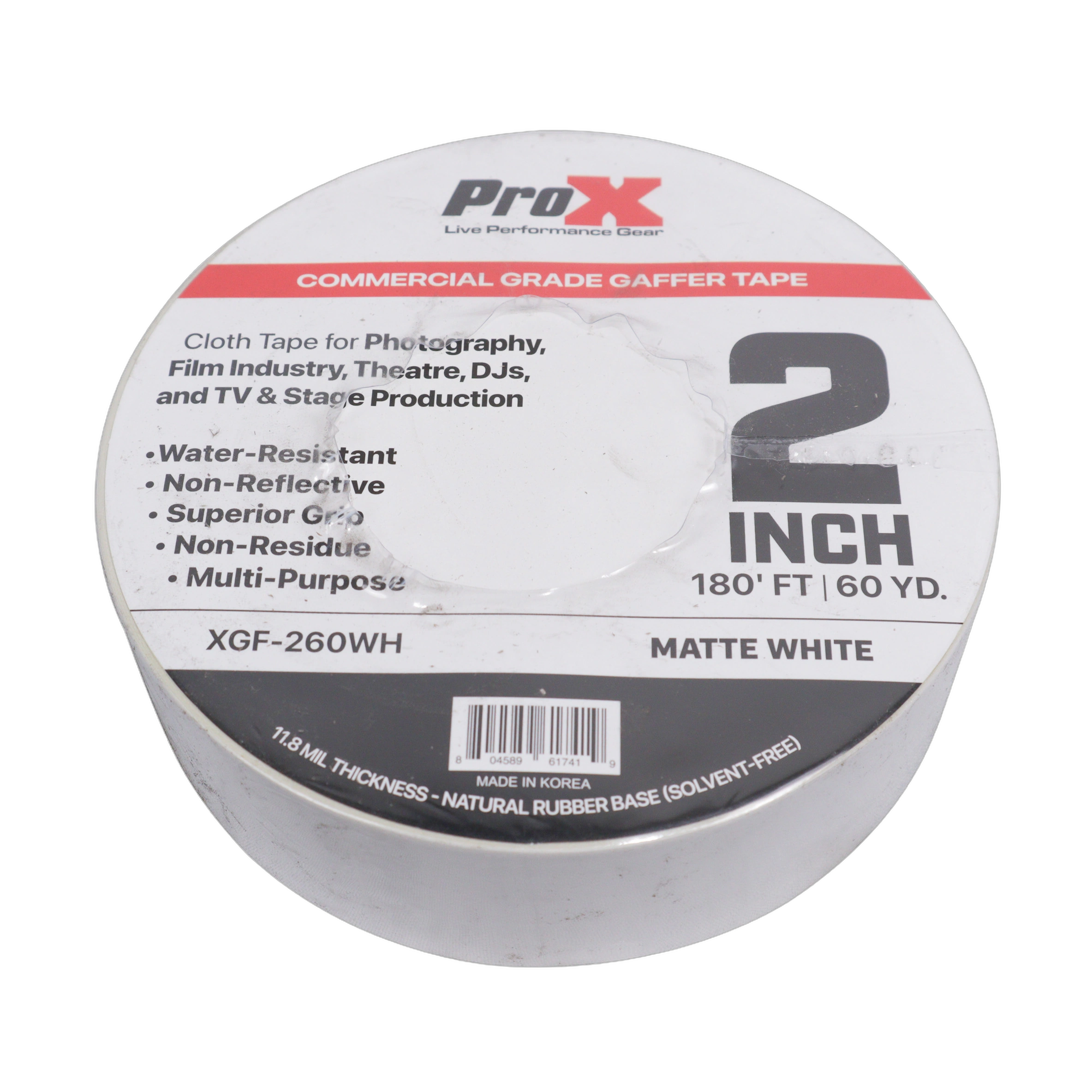 ProX 2 Inch 180FT Matte White Gaffer Tape Roll ProX 2 inch 180 foot matte white commercial grade gaffer tape roll front view