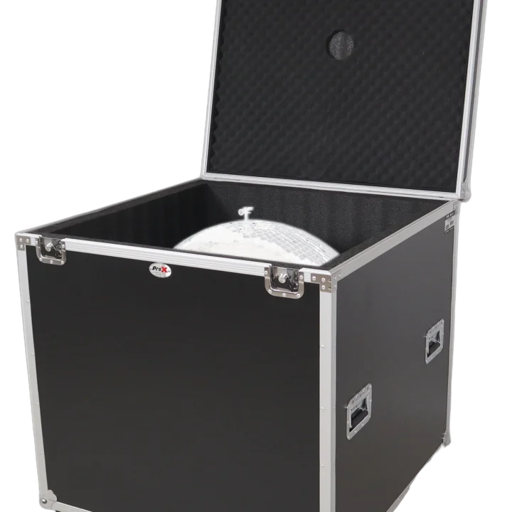 ProX 24-inch mirror ball flight road case with wheels and stay-open hinge door front view