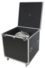 ProX 24 inch mirror ball flight case showing stay open hinge door mechanism and wheel detail