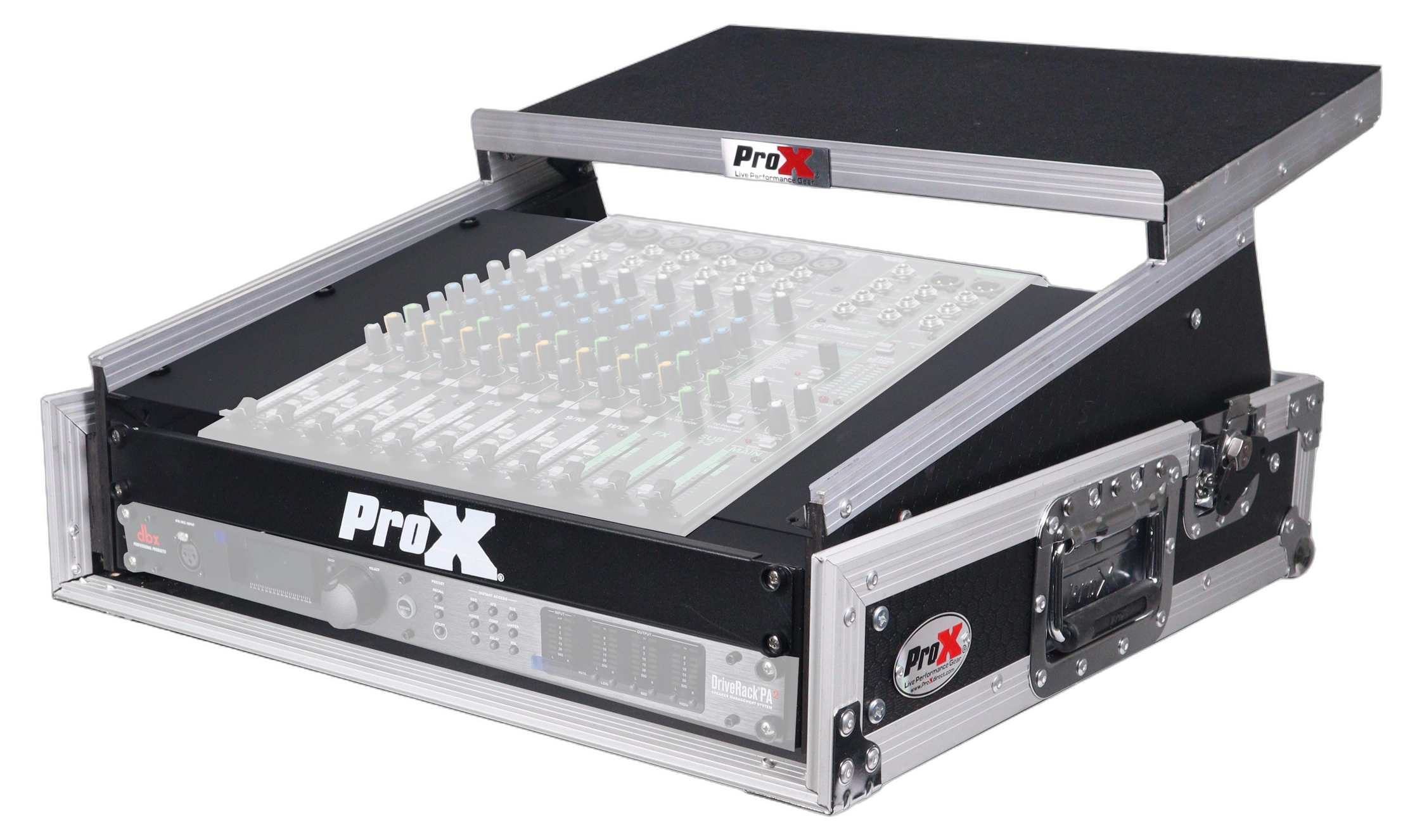 ProX 2U Rack 10U Mixer Mobile DJ Combo ATA Flight Case ProX 2U rack front and 10U top mixer mobile DJ combo ATA flight case front view