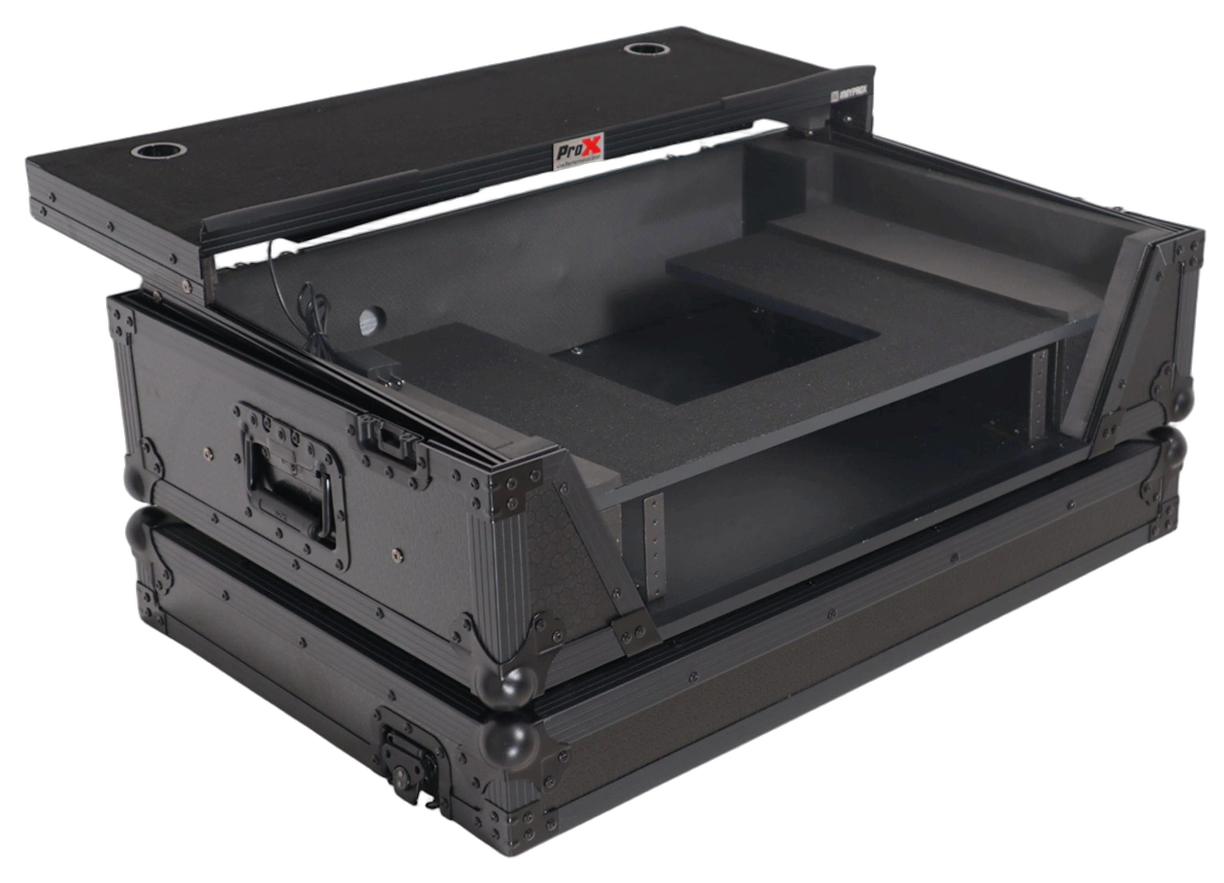 ProX 2U Flight Road Case Pioneer DDJ-FLX10 Controller ProX 2U flight road case with wheels and laptop shelf for Pioneer DDJ-FLX10 DJ controller, black finish