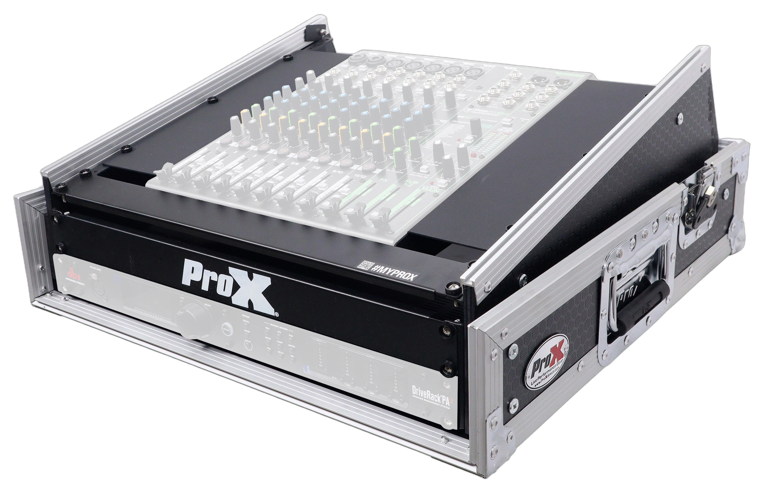 ProX 2U Vertical Rack Mount Flight Case Front View ProX 2U vertical rack mount flight case with 10U top compartment for mixer and amplifier equipment