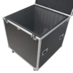 ProX 30-inch mirror ball flight road case with wheels and stay-open hinge door in application setup