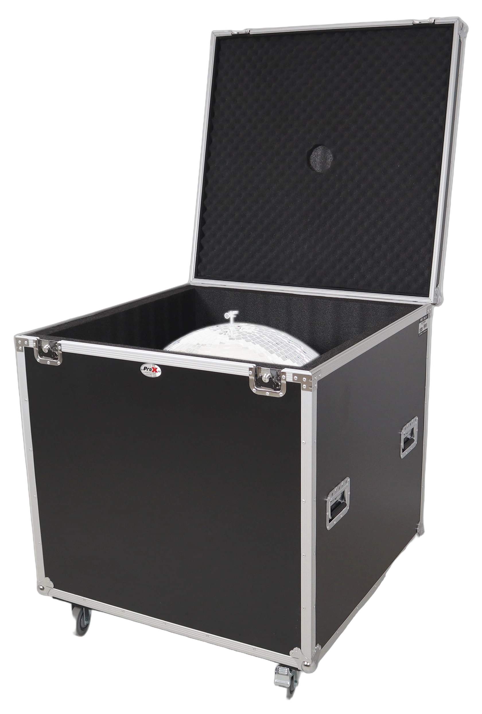 ProX 30 Inch Mirror Ball Flight Case with Wheels ProX 30 inch mirror ball flight road case with wheels and stay open hinge door front view