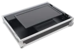 ProX 32 inch LED floor monitor with ATA flight case, adjustable tilt angle, and low profile wheels for transport