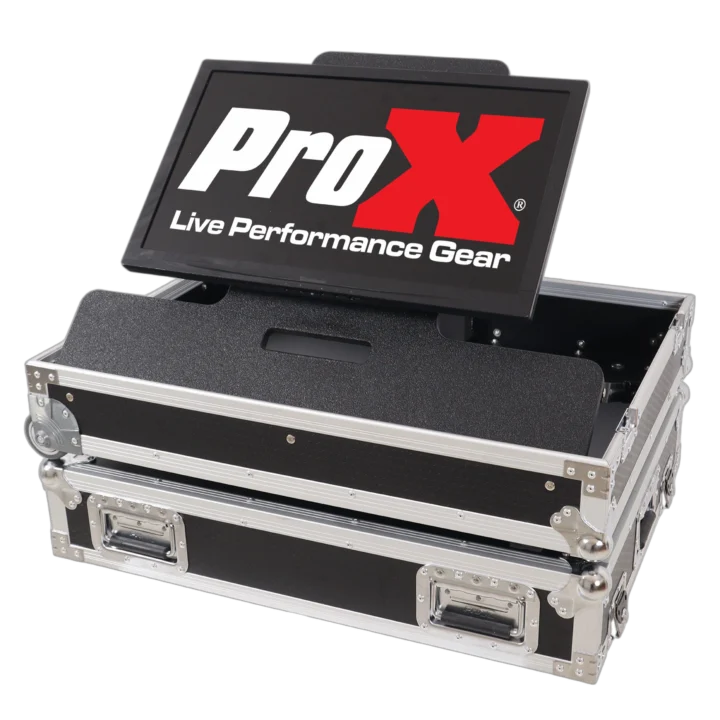 ProX 32 inch LED floor monitor television with ATA flight case and adjustable tilt wheels front view