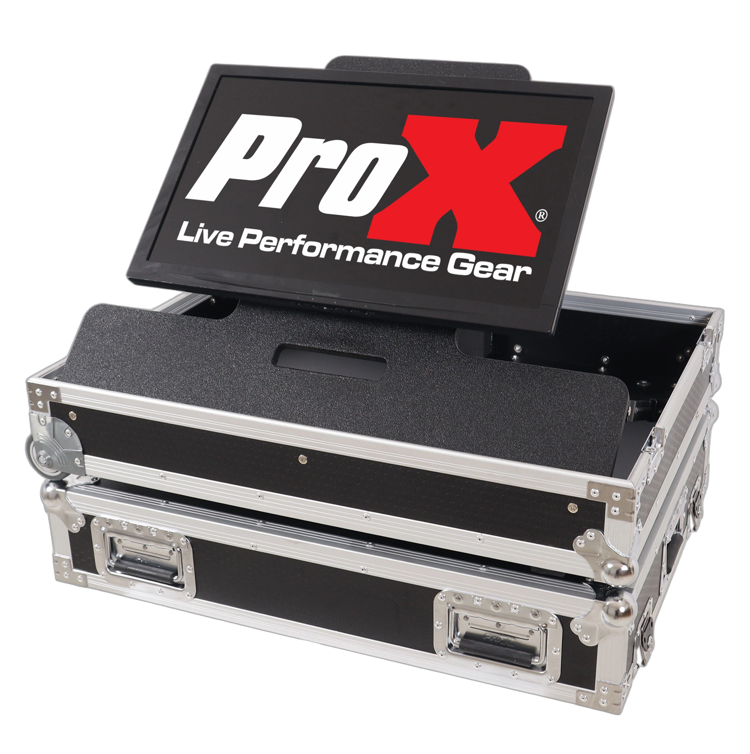 ProX 32 inch LED Floor Monitor TV ATA Flight Case ProX 32 inch LED floor monitor television with ATA flight case and adjustable tilt wheels front view