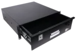 ProX 3U rack mount drawer installed in audio equipment rack with cables and devices