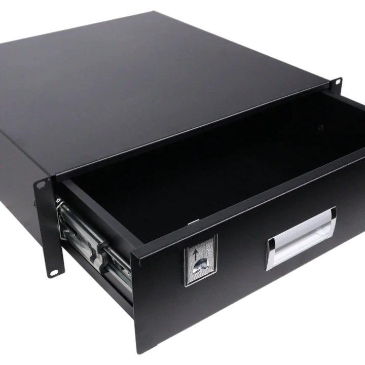 ProX 3U rack mount drawer installed in audio equipment rack with cables and devices
