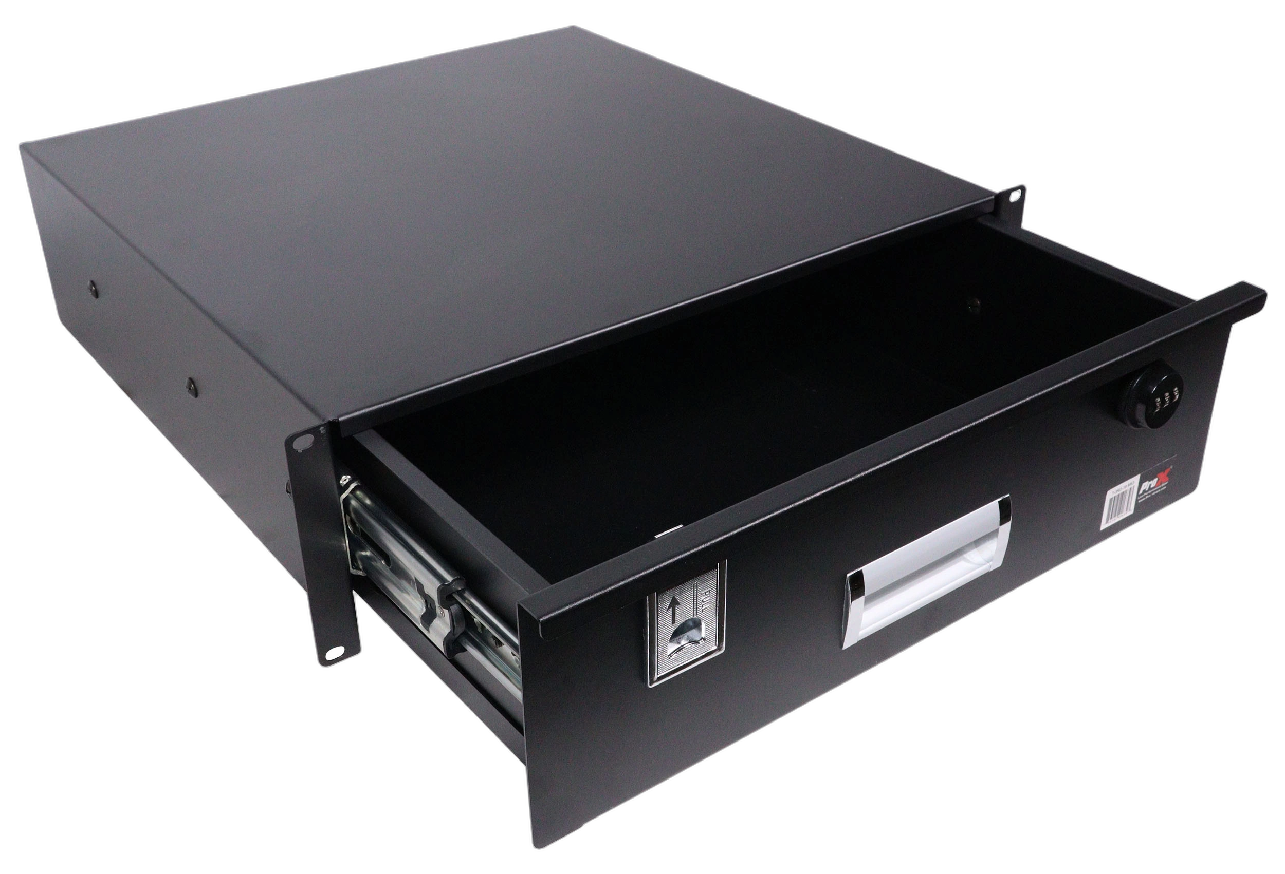 ProX 3U Rack Mount Drawer 18 Inch Depth Application ProX 3U rack mount drawer installed in audio equipment rack with cables and devices