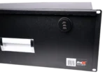 ProX 4U rack mount drawer installed in audio equipment rack with cables and devices