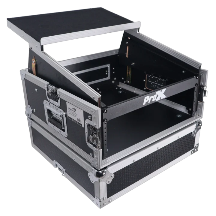 ProX 4U vertical rack mount flight case with 10U top and laptop shelf dimensional specifications diagram