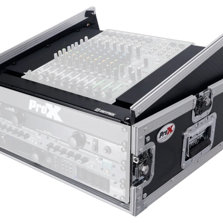 ProX 4U vertical rack mount flight case with 10U top compartment for mixer and amplifier