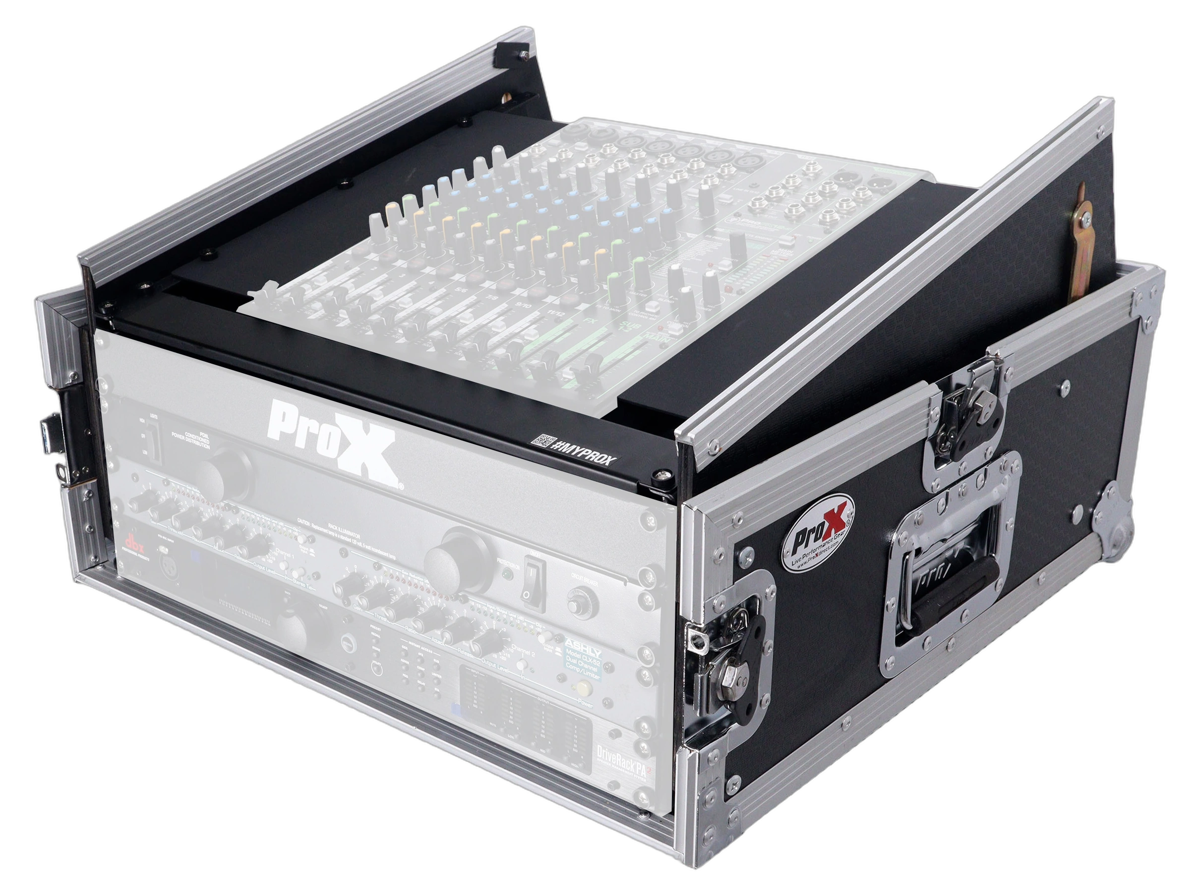 ProX 4U Vertical Rack Mount Flight Case Front View ProX 4U vertical rack mount flight case with 10U top compartment for mixer and amplifier