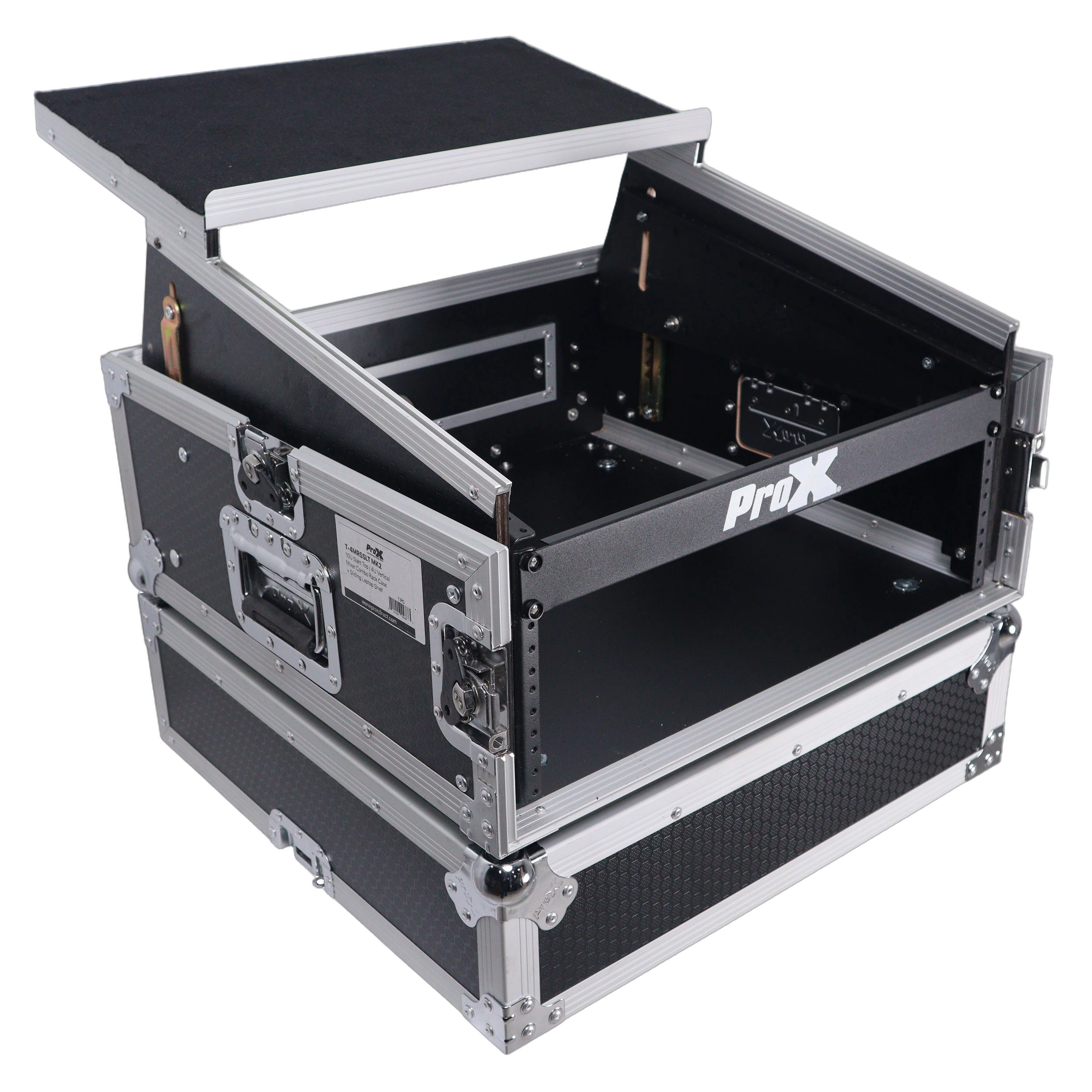 ProX 6U Vertical Rack Mount Flight Case Dimensions ProX 6U vertical rack mount flight case with 10U top and laptop shelf dimensional diagram