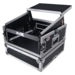 ProX 6U vertical rack mount flight case with 10U top and laptop shelf dimensional diagram