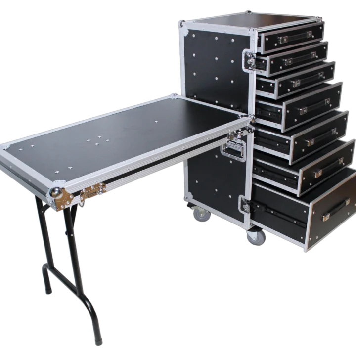 ProX 7 utility drawer ATA flight case with fold-out side mounting table and casters