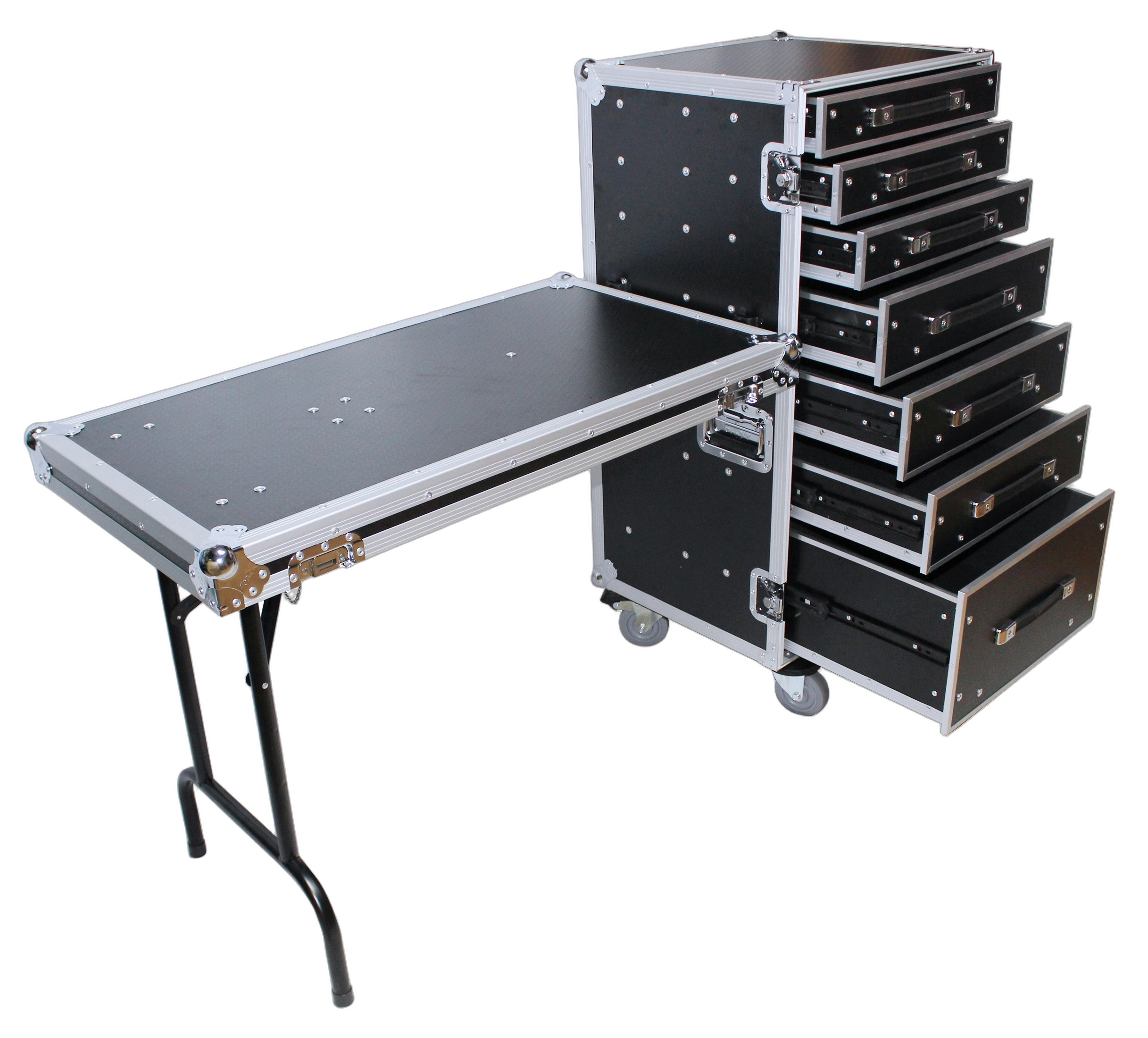 ProX 7 Utility Drawer ATA Flight Case Front View ProX 7 utility drawer ATA flight case with fold-out side mounting table and casters