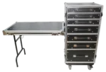ProX 7 utility drawer ATA flight case showing fold-out side mounting table and casters