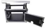 ProX 8U vertical rack mount flight case with 10U top, laptop shelf, and mixer combo amp setup in professional studio environment