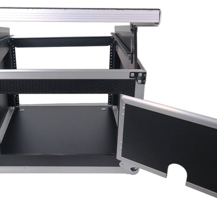 ProX 8U vertical rack mount flight case with 10U top, laptop shelf, and mixer combo amp setup in professional studio environment