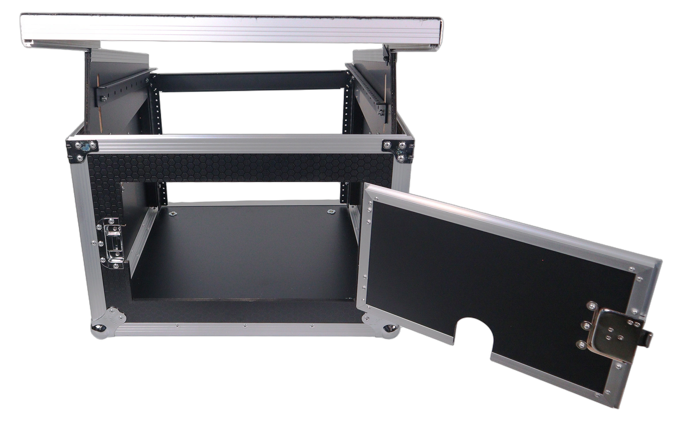 ProX 8U Vertical Rack Mount Flight Case with Mixer Combo ProX 8U vertical rack mount flight case with 10U top, laptop shelf, and mixer combo amp setup in professional studio environment
