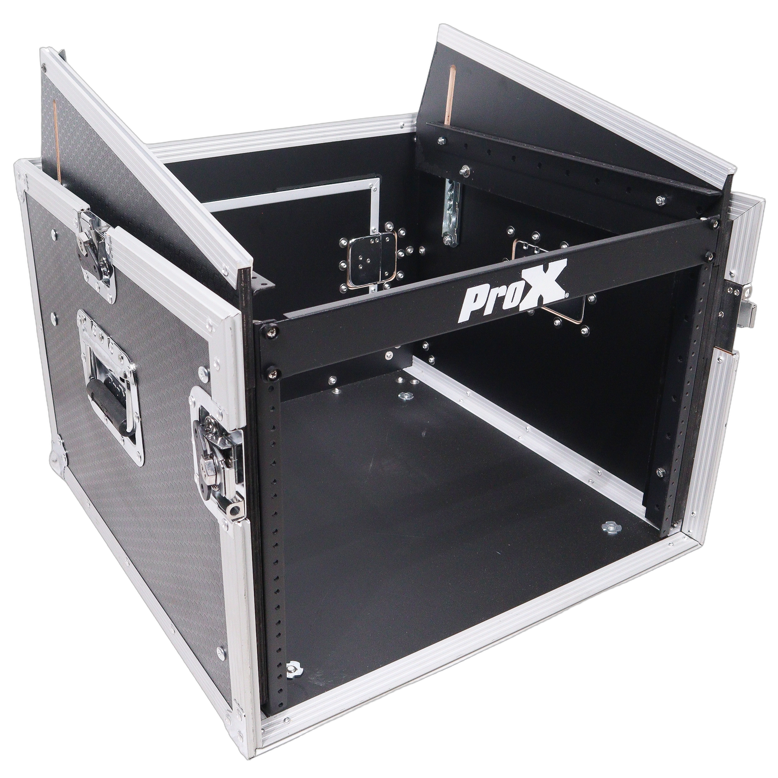 ProX 8U Vertical Rack Mount Flight Case Top View ProX 8U vertical rack mount flight case with 10U top compartment, showing lid and handle configuration