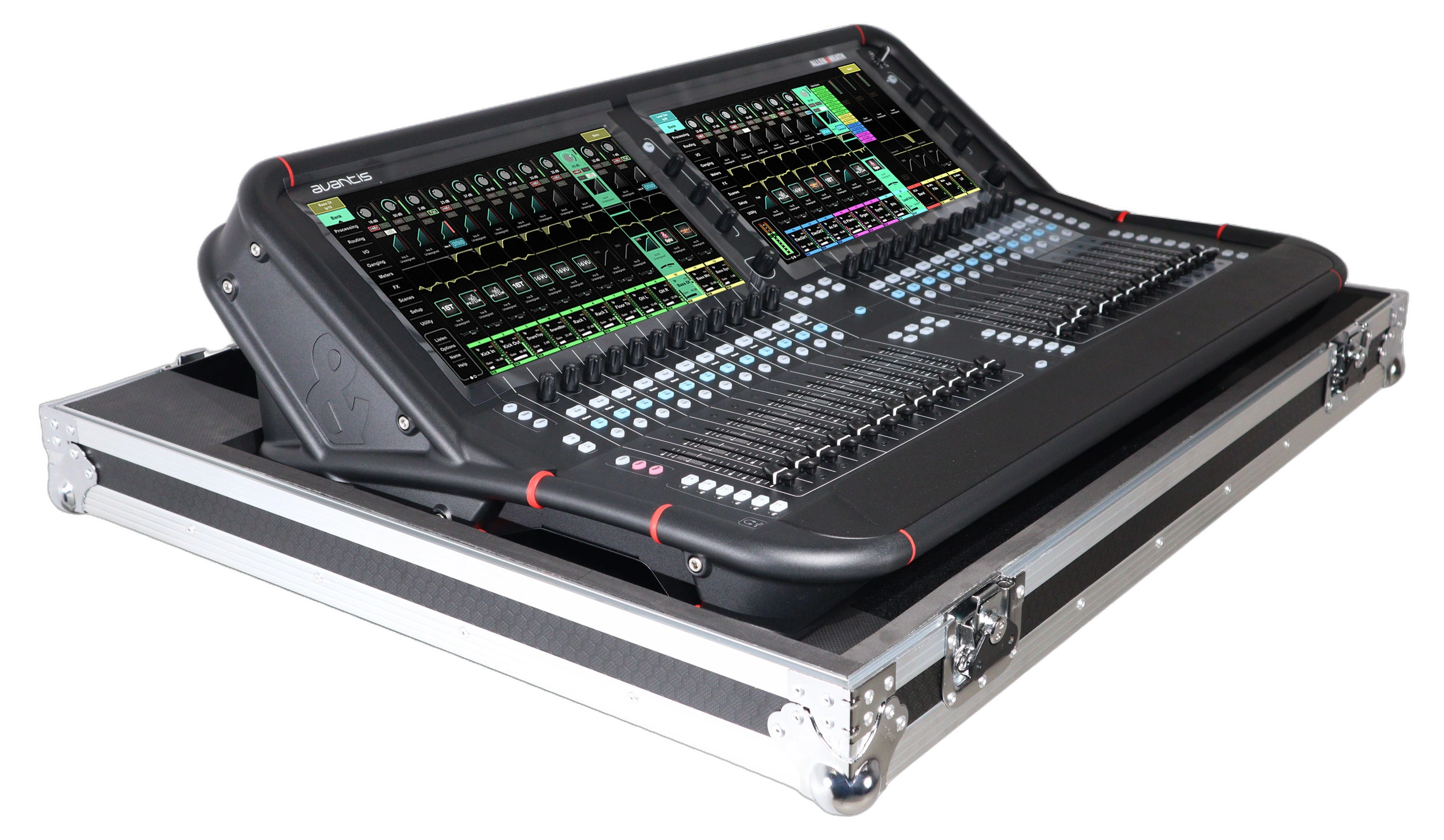 ProX Allen Heath AVANTIS Mixer Flight Case Front View ProX flight case for Allen & Heath AVANTIS digital mixer console with low profile wheels, front view