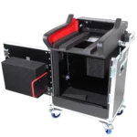 ProX flight case for Allen Heath DLive C1500 mixer console showing hydraulic lifting mechanism in professional studio setup