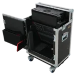 ProX flip-ready hydraulic console case for Allen Heath QU-5 mixer with integrated laptop display arm in professional studio setup