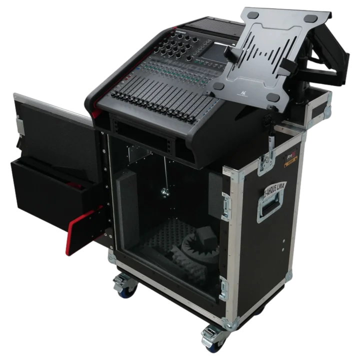 ProX flip-ready hydraulic lifting case for Allen Heath QU-5 mixer console with integrated laptop display arm