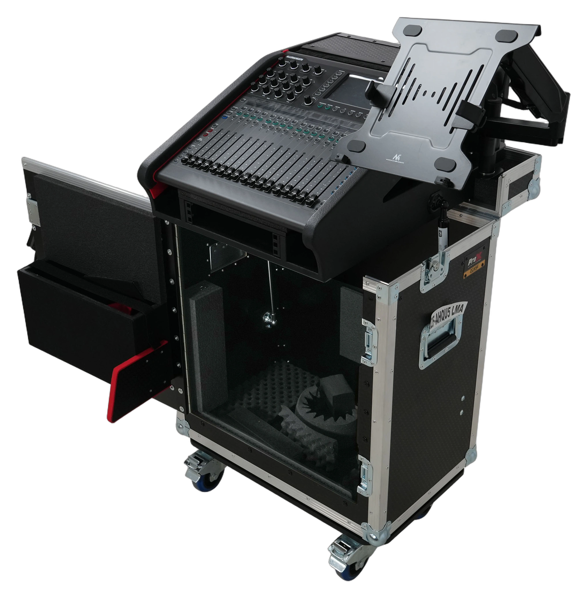 ProX Allen Heath QU-5 Flip-Ready Hydraulic Console Case ProX flip-ready hydraulic lifting case for Allen Heath QU-5 mixer console with integrated laptop display arm