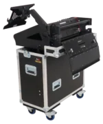 ProX flip-ready hydraulic console case with Allen Heath QU-6 mixer and integrated laptop display arm setup