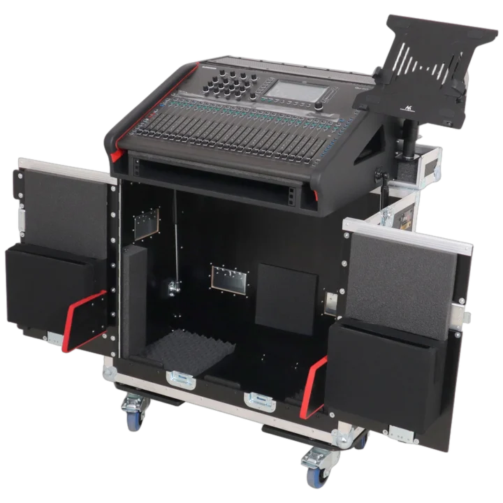 ProX flip-ready hydraulic lifting case for Allen Heath QU-6 mixer console with integrated laptop display arm