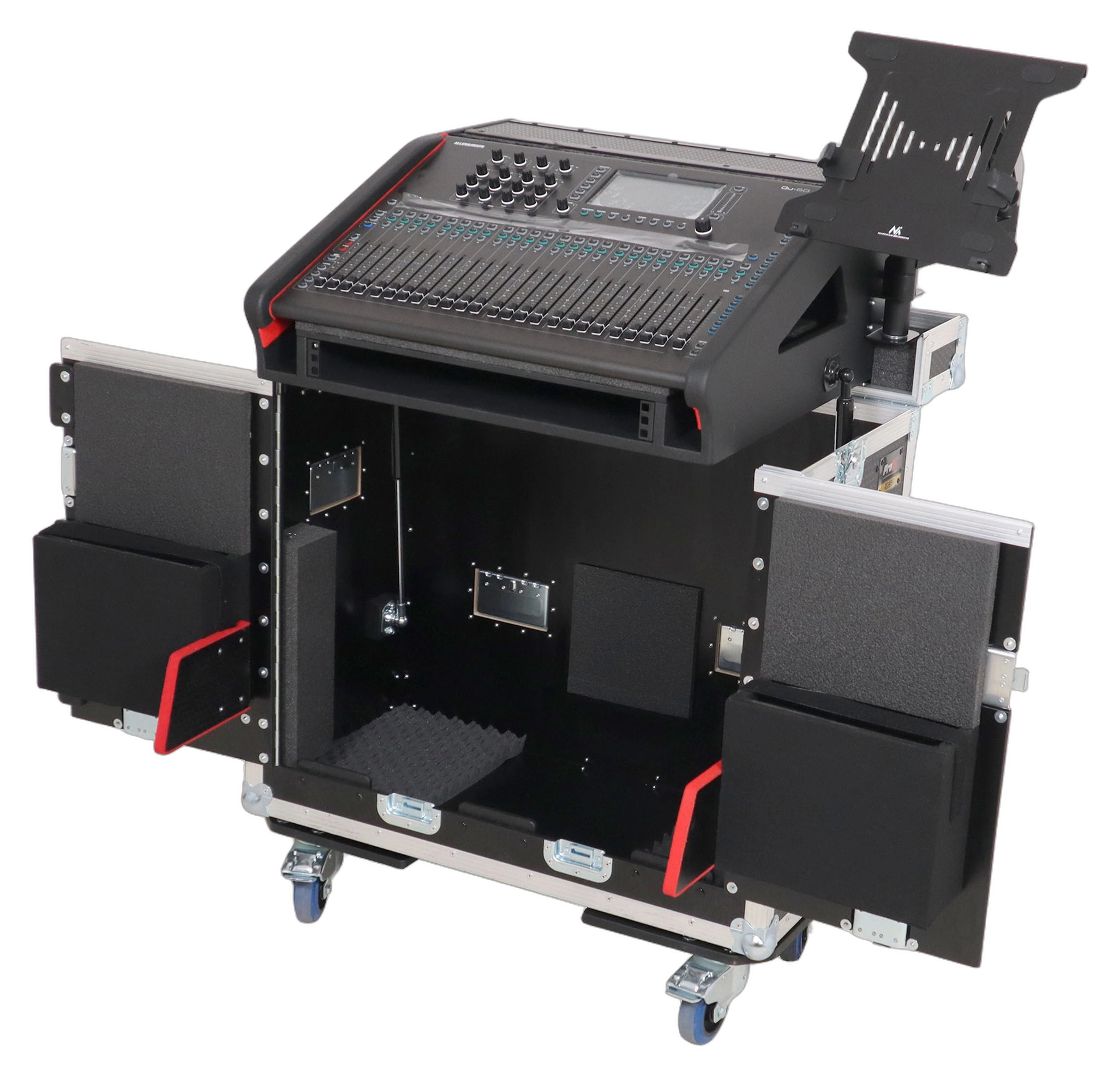 ProX Allen Heath QU-6 Flip-Ready Hydraulic Console Case ProX flip-ready hydraulic lifting case for Allen Heath QU-6 mixer console with integrated laptop display arm