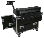 ProX flight case for Allen Heath QU-7 mixer with integrated laptop display arm in professional studio setup