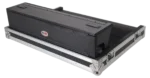 ProX flight case for Allen & Heath QU7 mixer with doghouse compartment, dimensional specifications and caster wheel placement diagram