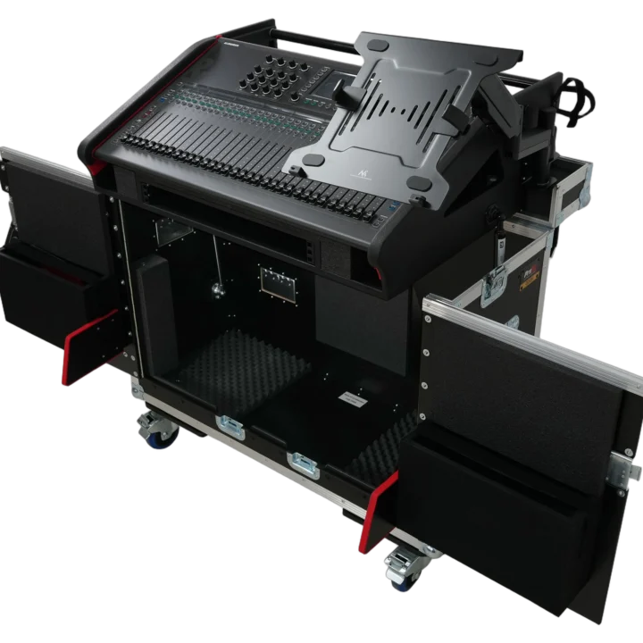 ProX flight case for Allen Heath QU-7 mixer with integrated hydraulic lifting mechanism and laptop display arm