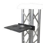 ProX aluminum truss shelf with dual O-style pro clamps mounted on F34 truss, close-up detail view