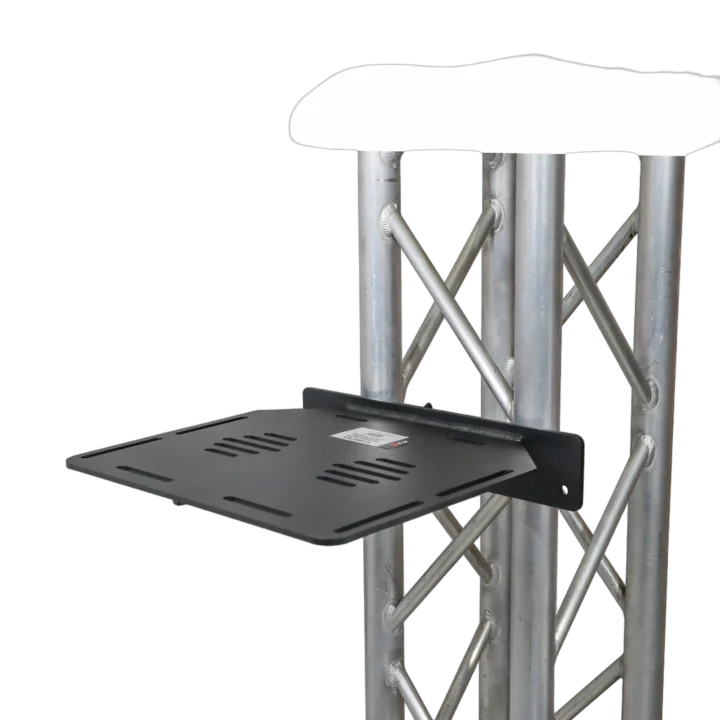 ProX aluminum truss shelf with dual O-style pro clamps mounted on F34 truss, close-up detail view