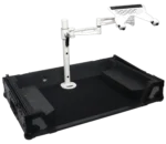 ProX articulating laptop tray arm pole with white finish mounted on DJ control tower podium