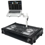 ProX articulating laptop tray arm pole mounted on DJ control tower podium with white finish in use