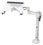 ProX articulating laptop tray arm pole mount with white finish showing adjustment mechanism and mounting bracket