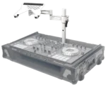 ProX articulating laptop tray arm pole with white finish mounted on DJ control tower podium