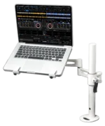 ProX articulating laptop tray arm pole with white finish mounted on DJ control tower podium
