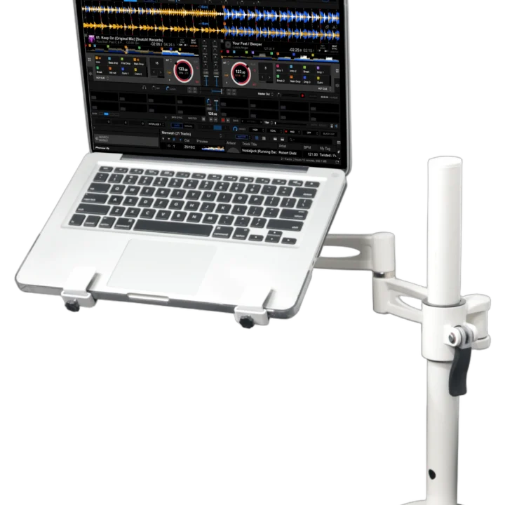 ProX articulating laptop tray arm pole with white finish mounted on DJ control tower podium