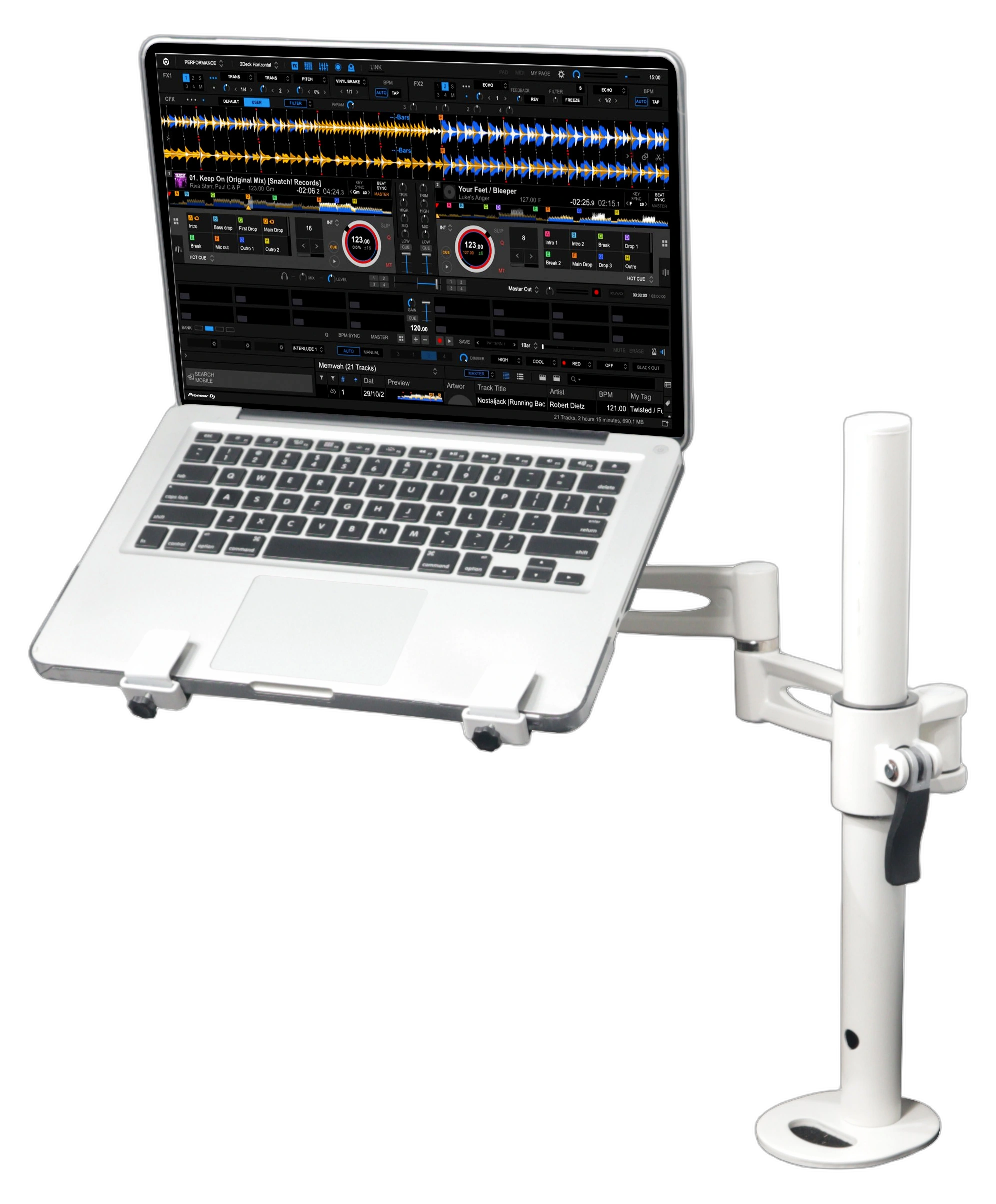 ProX Articulating Laptop Tray Arm Pole DJ Podium White ProX articulating laptop tray arm pole with white finish mounted on DJ control tower podium