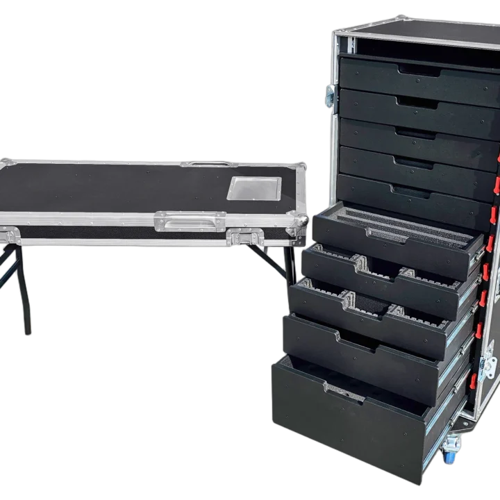 ProX ATA style 10 rolling utility drawer locking tool chest organizer flight case with folding table and casters